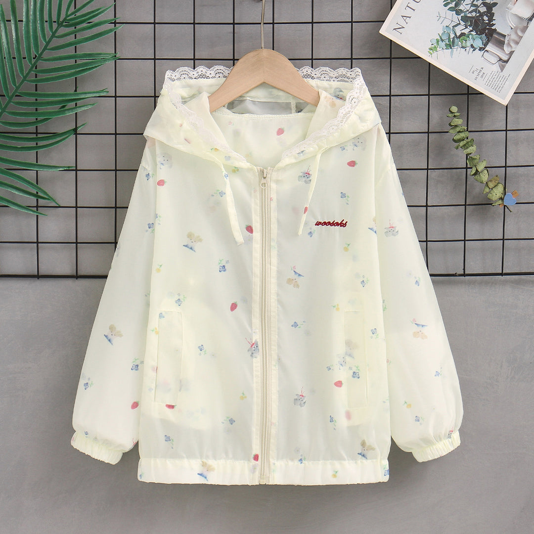 Damen nan leichte Kapuzen-Sommerjacke mit Spitzenbesatz, zartem Allover-Print und Reißverschluss R&B
