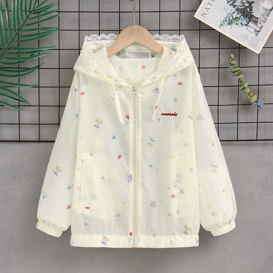 Damen nan leichte Kapuzen-Sommerjacke mit Spitzenbesatz, zartem Allover-Print und Reißverschluss R&B