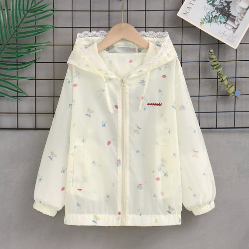 Damen nan leichte Kapuzen-Sommerjacke mit Spitzenbesatz, zartem Allover-Print und Reißverschluss R&B