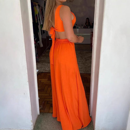 Damen Elegantes Maxikleid mit asymmetrischem Ausschnitt und Seitenschlitzen EB