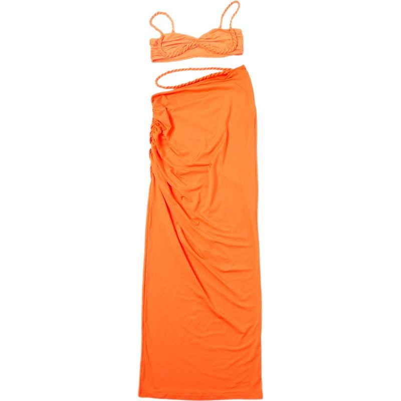 Damen Strandbekleidungs-Set mit geflochtenem Oberteil und elegantem Wickelrock EB