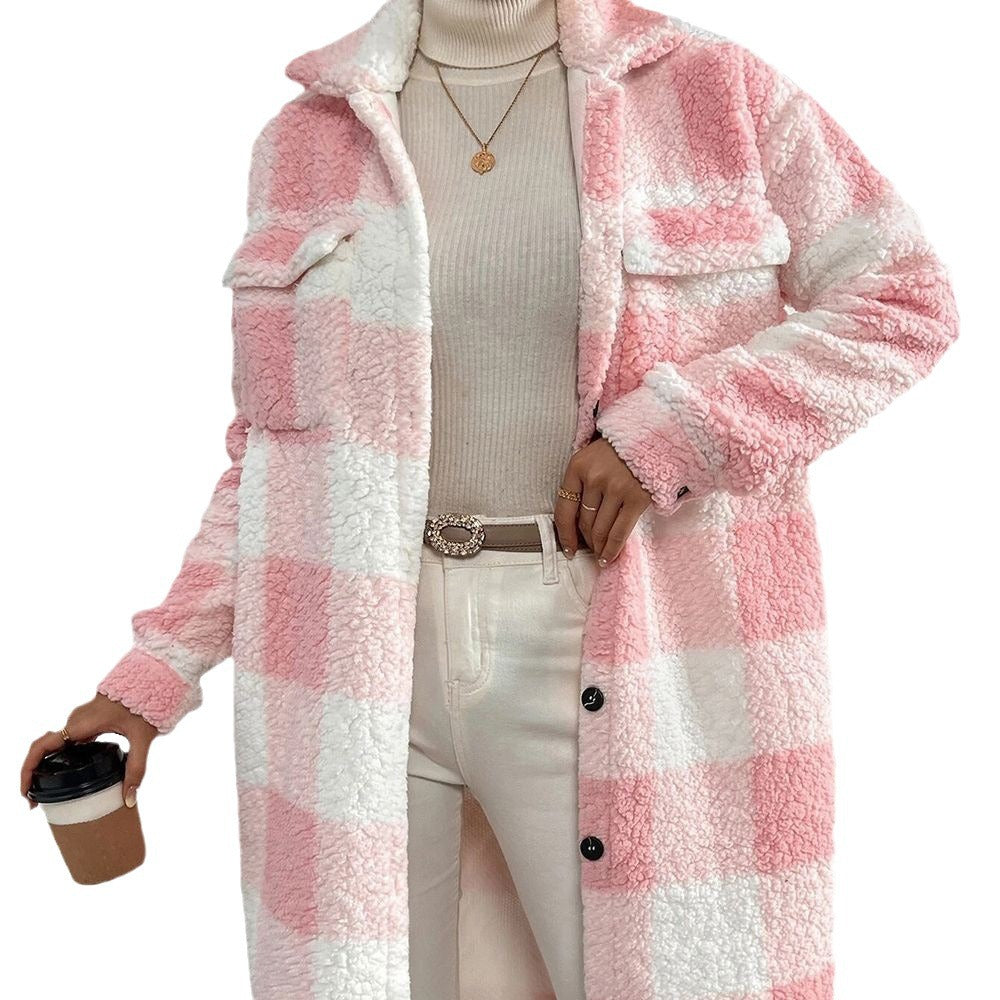 Damen nan langer Teddy-Karo-Mantel mit Hemdkragen, aufgesetzten Brusttaschen und Knopfleiste EB