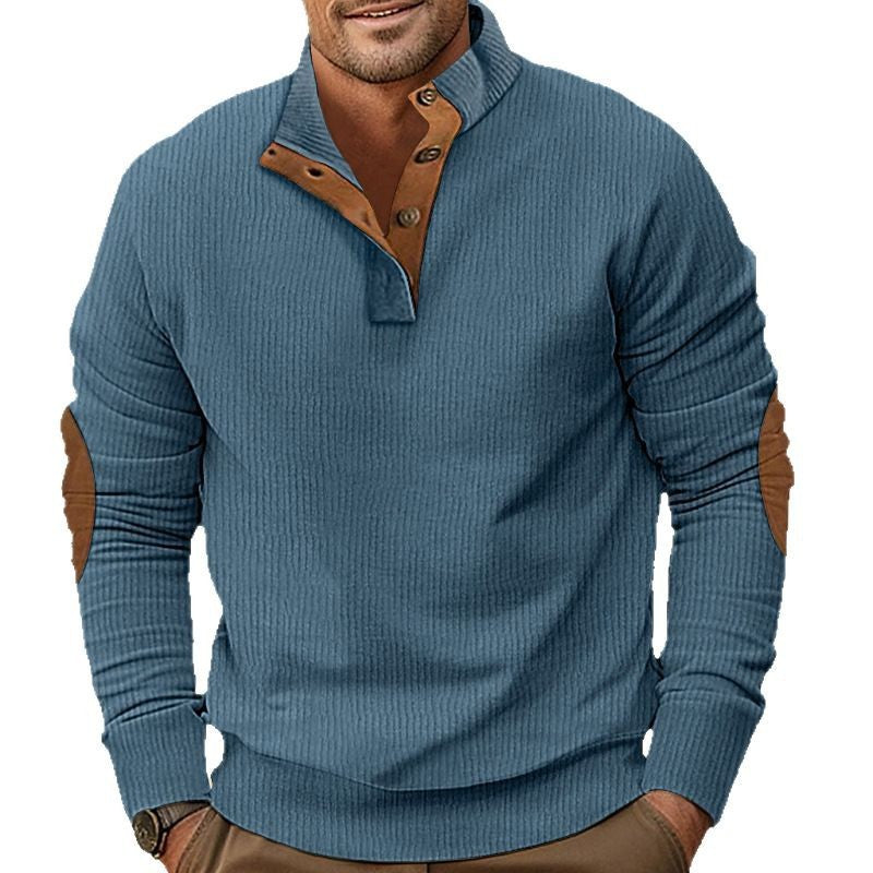 Herren nan geripptes Henley-Langarmshirt mit Stehkragen und Leder-Ellbogenpatches EB