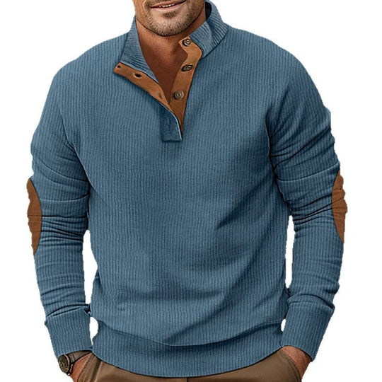 Herren nan geripptes Henley-Langarmshirt mit Stehkragen und Leder-Ellbogenpatches EB