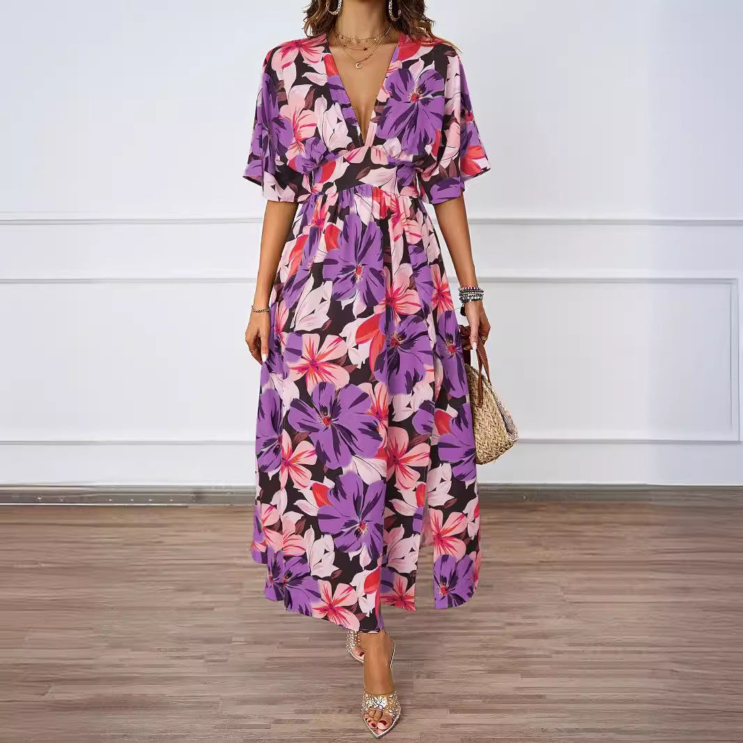 Damen Voluminöses Maxikleid mit floralem Design und tiefem V-Ausschnitt EB