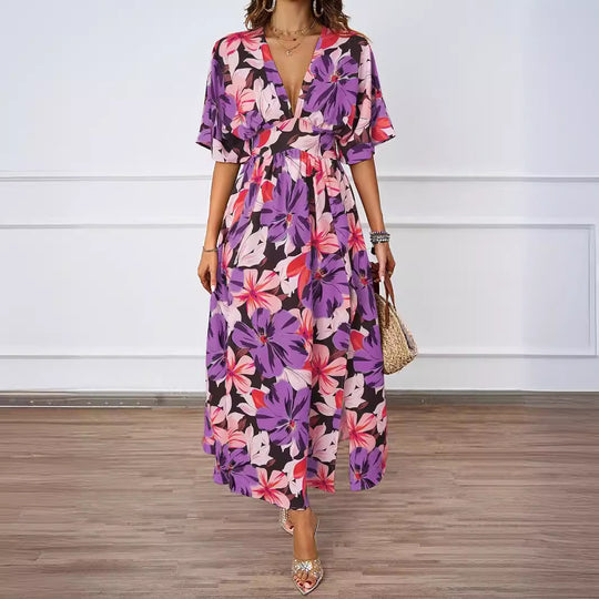 Damen Voluminöses Maxikleid mit floralem Design und tiefem V-Ausschnitt EB
