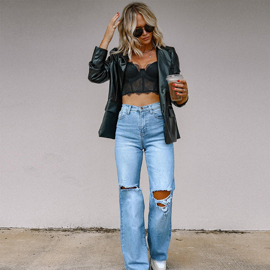 Damen Gefütterte Wide-Leg Jeans mit modischen Rissen und hohem Bund EB