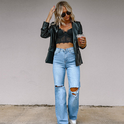 Damen Gefütterte Wide-Leg Jeans mit modischen Rissen und hohem Bund EB