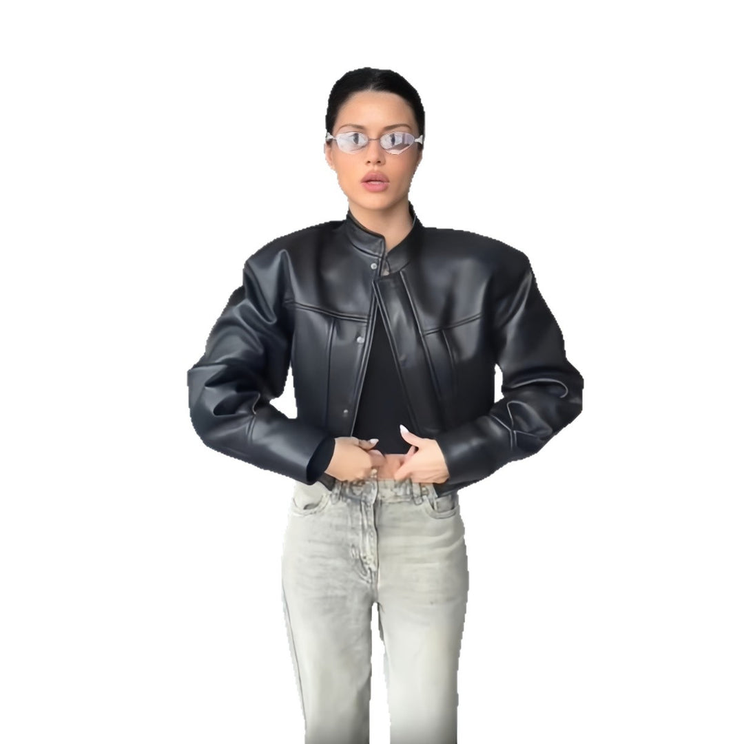 Damen Edle Kunstlederjacke mit modernem Stehkragen und kontrastierenden Nähten EB