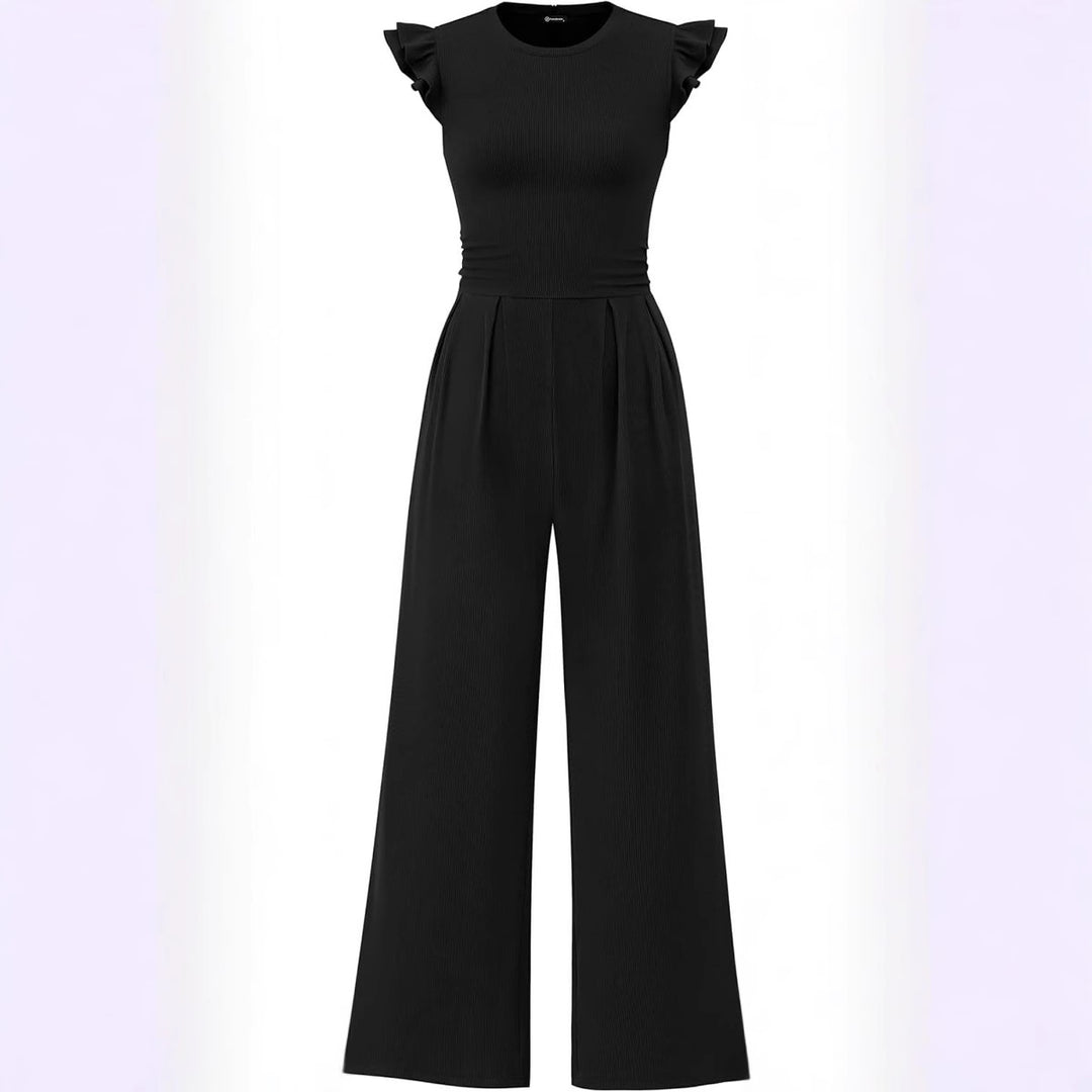 Damen eleganter Jumpsuit mit Puffärmeln und weitem Bein EB