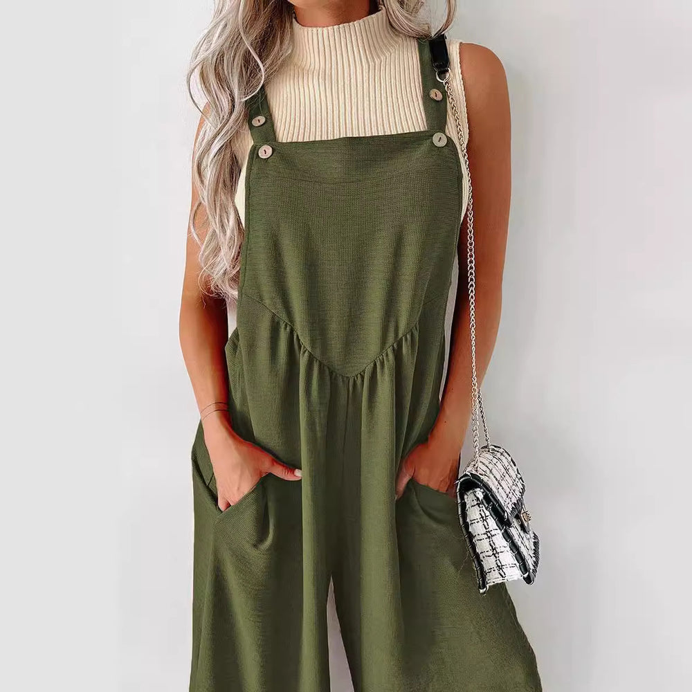 Damen lässiger Jumpsuit mit weit geschnittenem Bein und dekorativen Knopfdetails EB