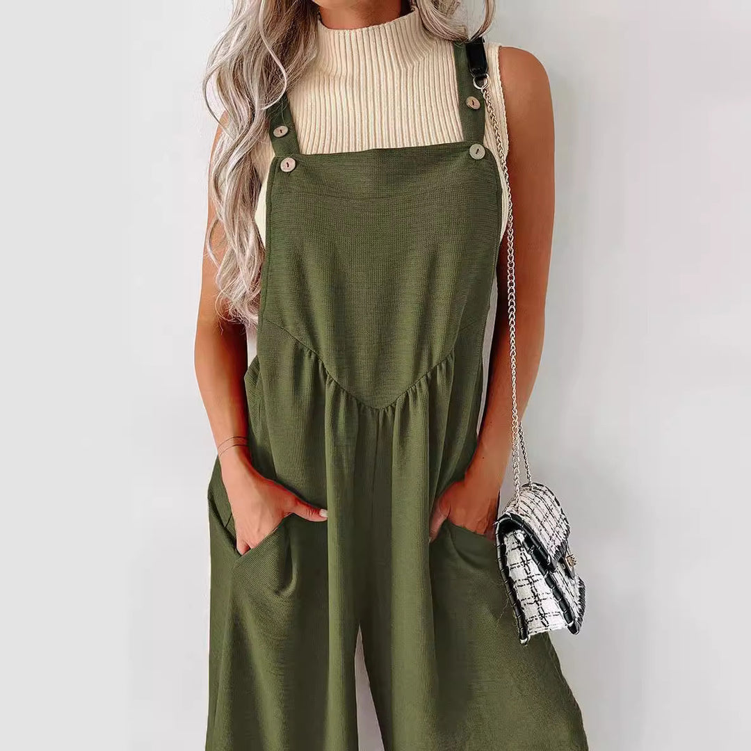 Damen lässiger Jumpsuit mit weit geschnittenem Bein und dekorativen Knopfdetails EB