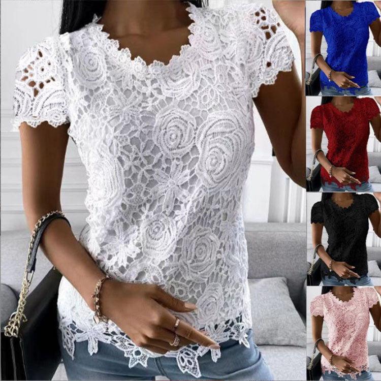 Damen nan Spitzenoberteil mit V-Ausschnitt, taillierter Silhouette und romantischem Wellensaum EB