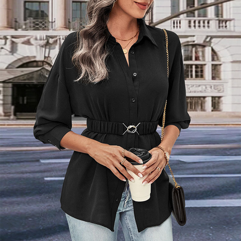 Damen Bluse mit taillierbarem Gürtel und klassischem Knopfdesign EB