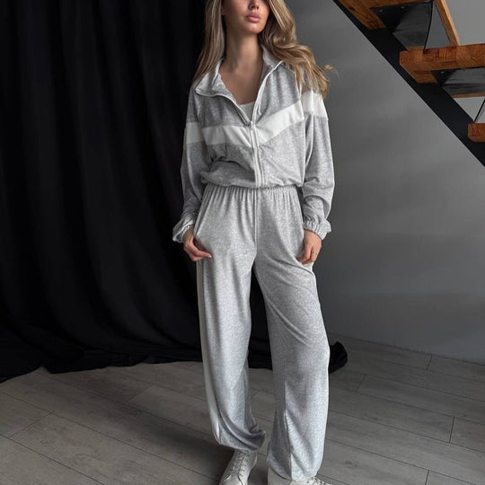 Damen Plüschiges Velours-Loungewear-Set mit Reißverschlussjacke und elastischem Taillenbund EB