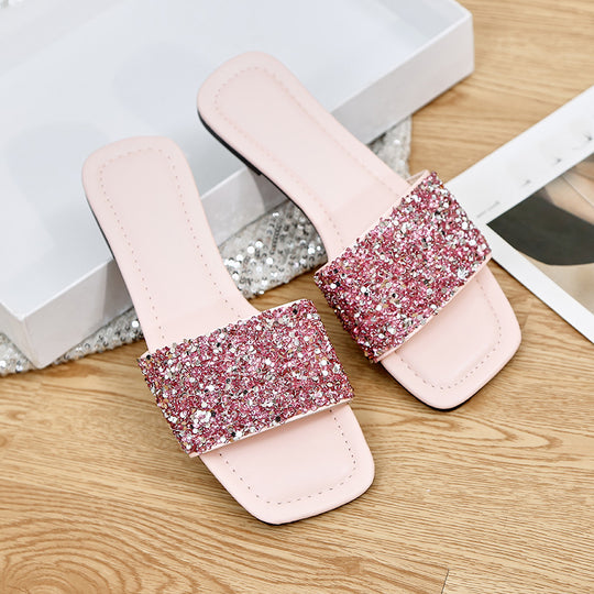 Damen Glamouröse Slide-Sandalen mit glitzerndem Riemen und komfortablem Fußbett EB