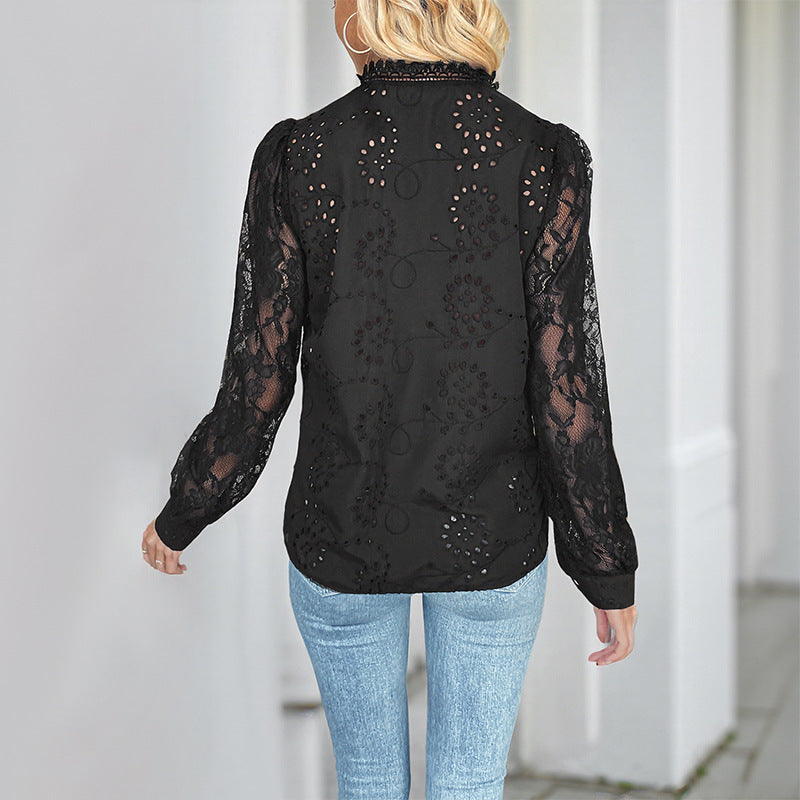 Damen Elegante Bluse mit Spitzenärmeln und strukturiertem Design EB