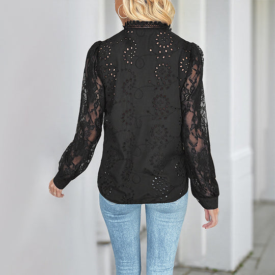Damen Elegante Bluse mit Spitzenärmeln und strukturiertem Design EB