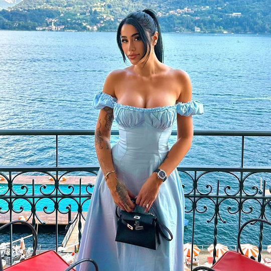 Damen Maxi-Kleid mit voluminösen Puffärmeln und elastischem Ausschnitt EB