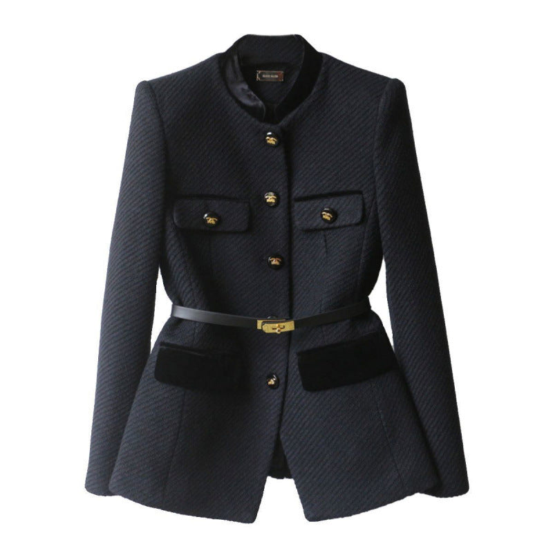 Damen Elegante Bouclé-Blazerjacke mit Samtbesatz und Taillengürtel EB