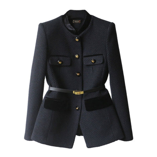 Damen Elegante Bouclé-Blazerjacke mit Samtbesatz und Taillengürtel EB