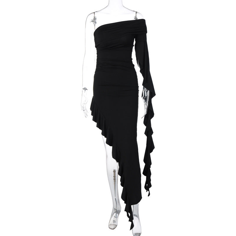 Damen elegantes Wickelkleid mit asymmetrischem Rüschendesign und dekorativem Oberteil EB