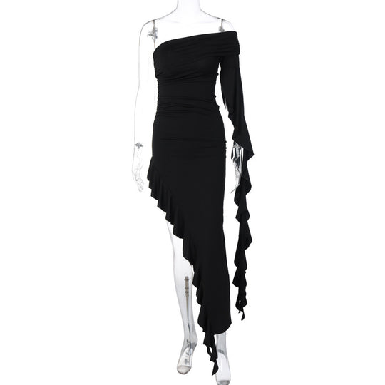 Damen elegantes Wickelkleid mit asymmetrischem Rüschendesign und dekorativem Oberteil EB