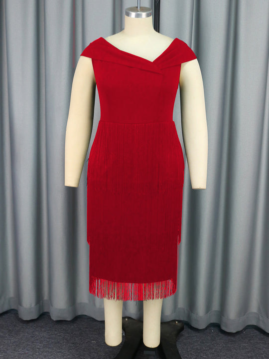 Damen Glamouröses Fransen-Kleid mit elegantem V-Ausschnitt EB