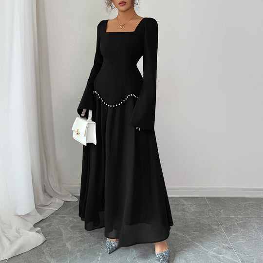 Damen nan elegantes Maxikleid mit quadratischem Ausschnitt, taillierter Schößchen-Passe und Perlenbordüre EB