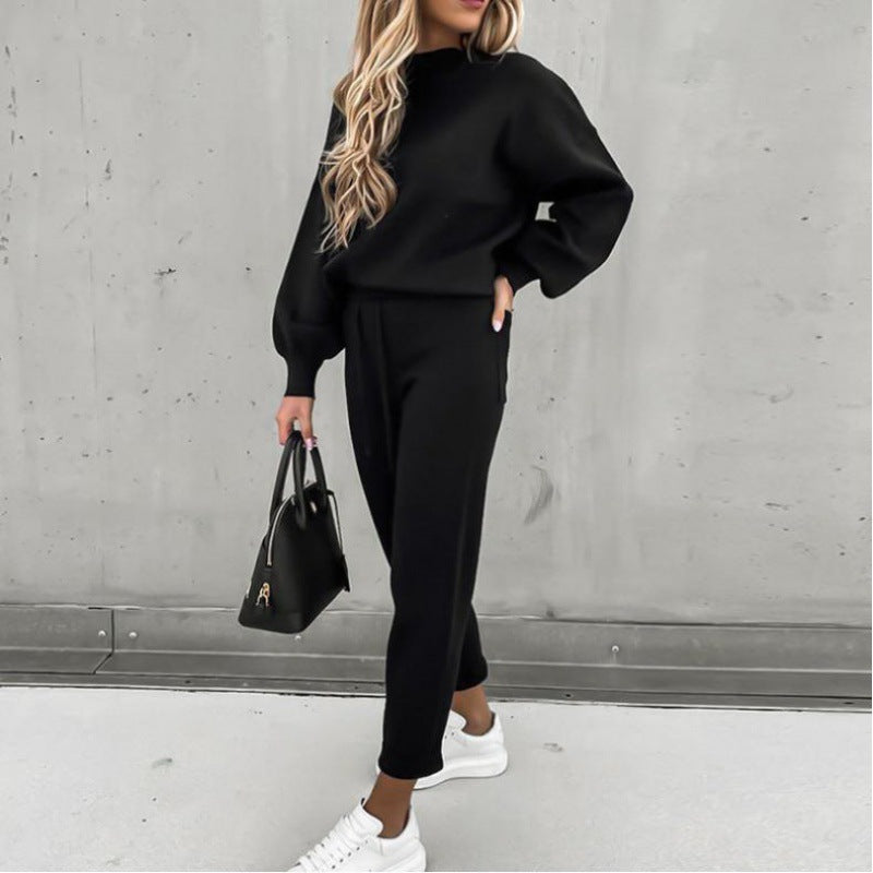 Damen Strick-Loungewear-Set mit Ballonärmeln und taillierter Jogginghose EB