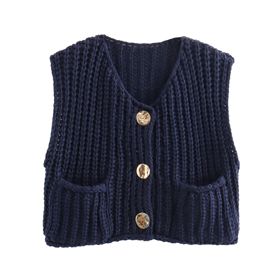 Damen modische Strickweste mit dekorativen Knopfdetails und praktischen Taschen EB
