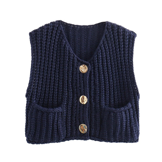 Damen modische Strickweste mit dekorativen Knopfdetails und praktischen Taschen EB