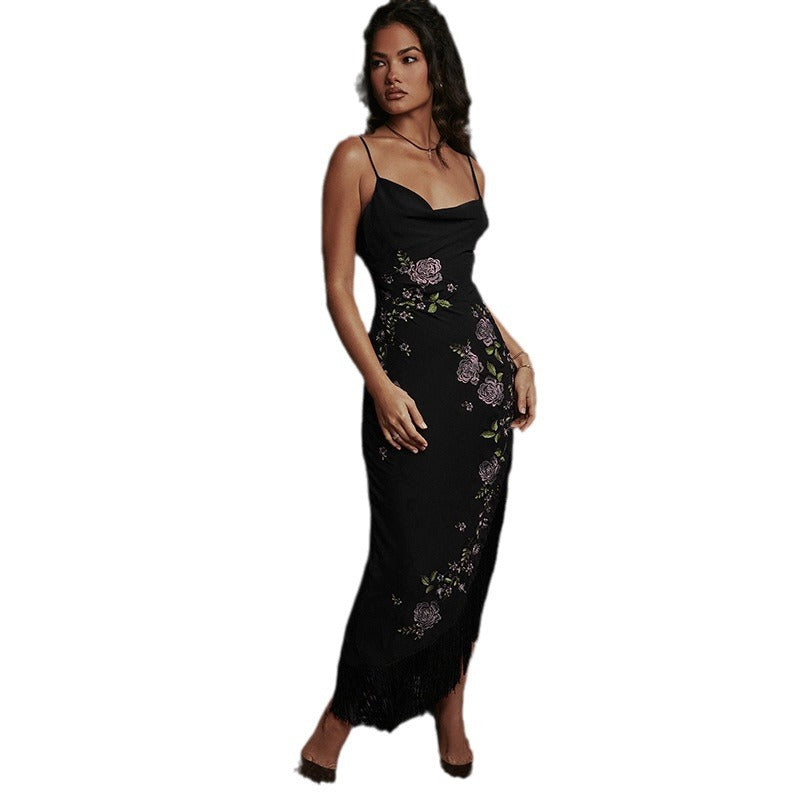 Damen elegantes Hochzeitskleid mit Blumenapplikationen und Fransen EB