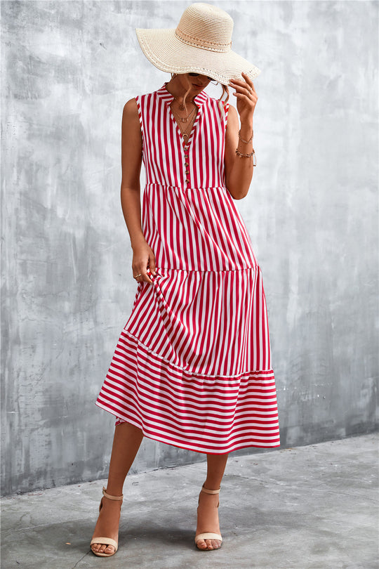 Damen Maxikleid mit gestreiftem Design, durchgehendem Knopfverschluss und voluminösem Saum EB