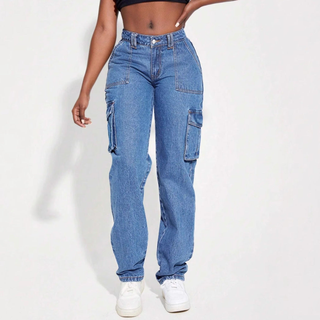 Damen Vintage Cargo Jeans mit elastischem Bund und seitlichen Taschen EB