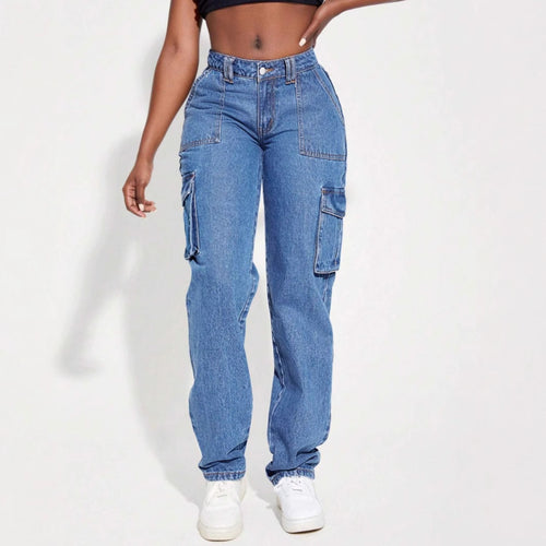 Damen Vintage Cargo Jeans mit elastischem Bund und seitlichen Taschen EB
