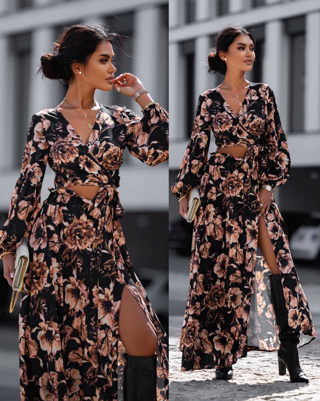 Damen Maxikleid mit Wickeldesign und elegantem floralem Print EB