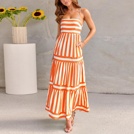 Damen Maxikleid mit schmalen Trägern und gestreiftem Design EB