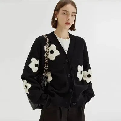 Damen Strickjacke mit floralem Motiv und Knopfleiste EB