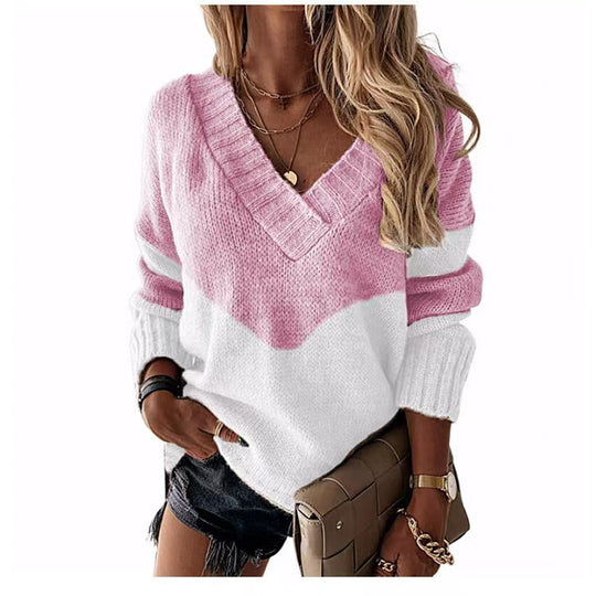Damen Strickpullover mit V-Ausschnitt und trendigen Farbblockmustern EB
