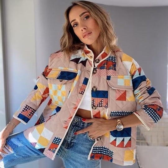 Damen gesteppte Übergangsjacke mit buntem Patchwork-Muster und großen Taschen EB