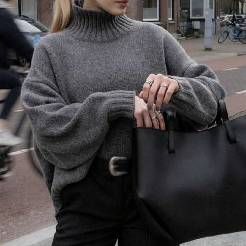 Damen Boxy-Rollkragenpullover aus feinem Wollmix mit Ballonärmeln und überschnittener Schulter EB