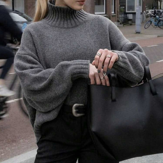 Damen Boxy-Rollkragenpullover aus feinem Wollmix mit Ballonärmeln und überschnittener Schulter EB