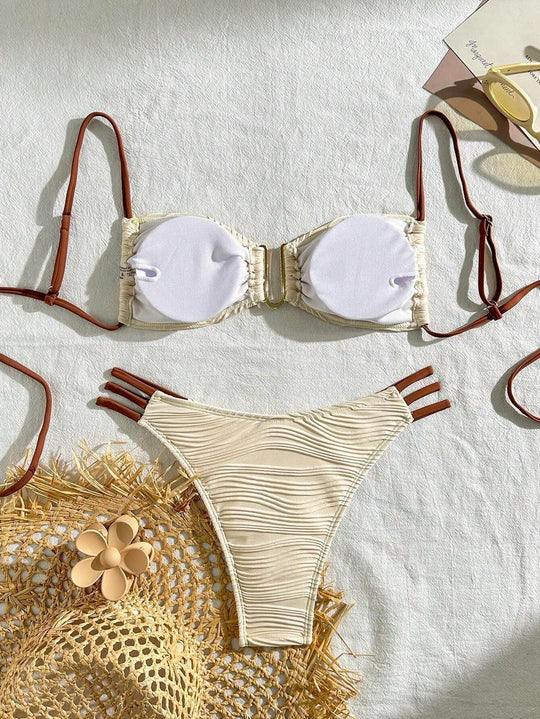 Damen Bandeau-Bikini mit raffiniertem Falten-Design und seitlichen Bindebändern EB