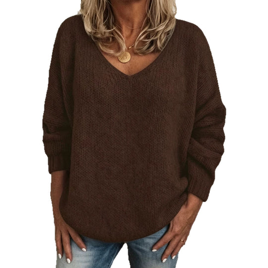 Damen Legerer V-Ausschnitt Pullover aus feiner Waffelstrickstruktur mit überschnittener Schulter EB