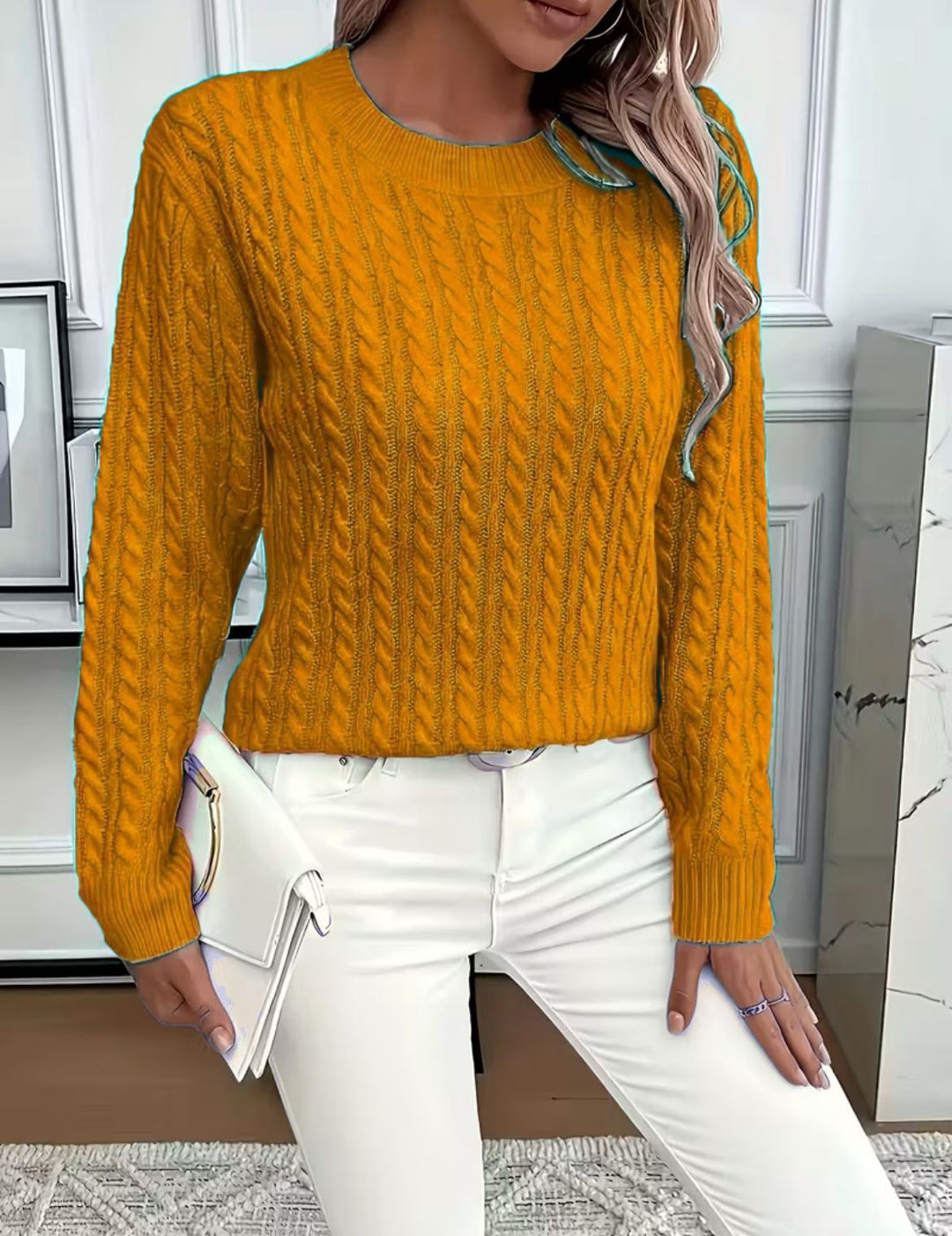 Damen Kurz geschnittener Zopfmuster-Strickpullover mit Rundhalsausschnitt EB