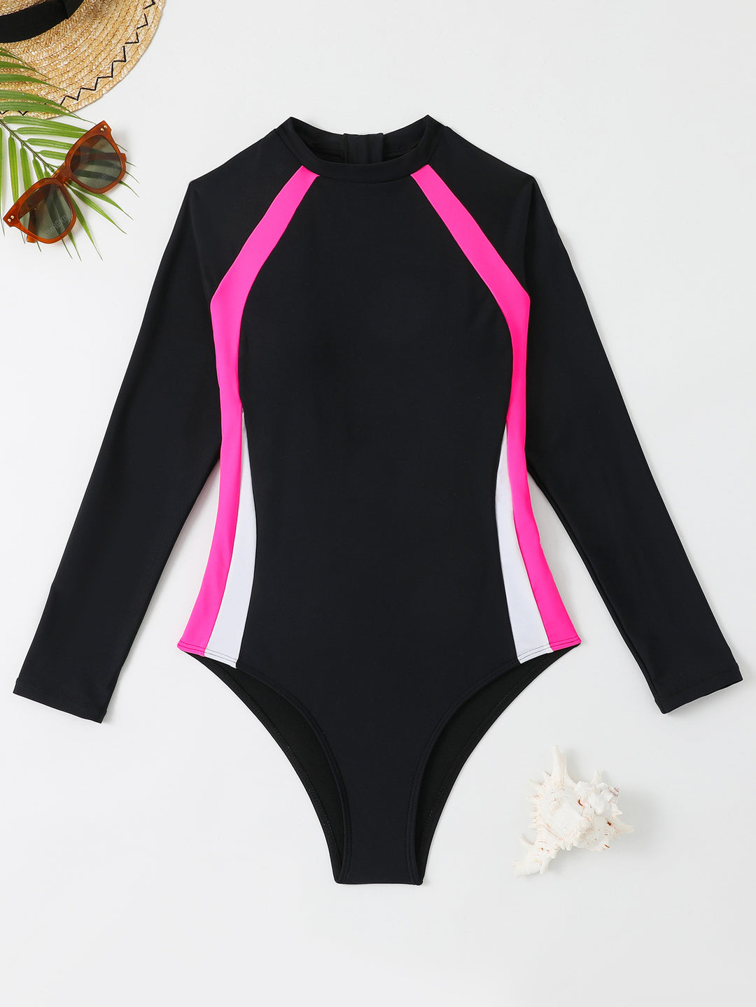 Damen Sportlicher Langarm-Badeanzug mit Farbblockdesign EB