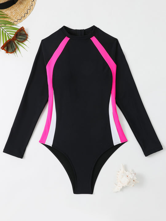 Damen Sportlicher Langarm-Badeanzug mit Farbblockdesign EB