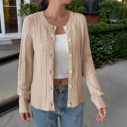 Damen nan Zopfstrick-Cardigan mit Rundhalsausschnitt, Knopfleiste und geripptem Abschluss EB