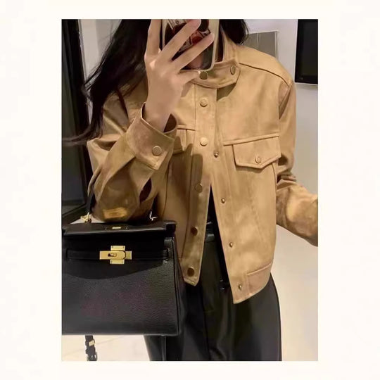 Damen Modische Kurzjacke im Stilmix mit Taschen und Knopfdetails EB